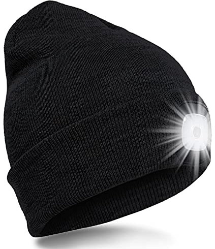 SPGOOD LED Beanie Beleuchtete Mütze mit Licht,Wiederaufladbare Winter Warm LED Haube mit Lampe für Angeln,Jogger,Camping,Laufen,Geschenke für Männer Frauen(Schwarz)