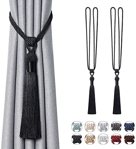 Pretty Jolly 2 Pack Long Tassel Curtain Tiebacks Handmade Braided Rope Knot Drape Tie Backs European Style Decorative Curtain Holdbacks for Home & Office Window Drapery (Black)