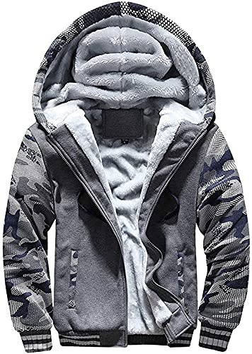 LEZUAN Hombre Hoodie de Invierno Manga Larga Sudadera con Capucha Pullover con Cremallera Completa Sudaderas con Capucha de Forro Polar Cómoda Chaqueta Gruesos Cálido Abrigo(Gris Camuflaje,M)