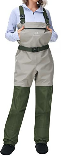 BASSDASH IMMERSE Damen Wathose Atmungsaktiv Strumpffuß Angeln Wathose Wasserdicht Leicht Brust Wathose, Hellbraun/Grün, Medium 8-9