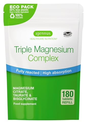 Igennus Superior Triple Magnesium Complex, 90 Servings, 2000mg Glycinate, Citrate & Taurate, Clean Label & Chelated, 262mg Elemental Magnesium, Vegan, 180 Tablets for Women & Men
