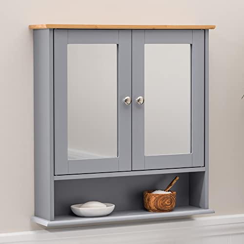 CHRISTOW Double Mirror Wall Cabinet, Bamboo-Effect Top, Grey