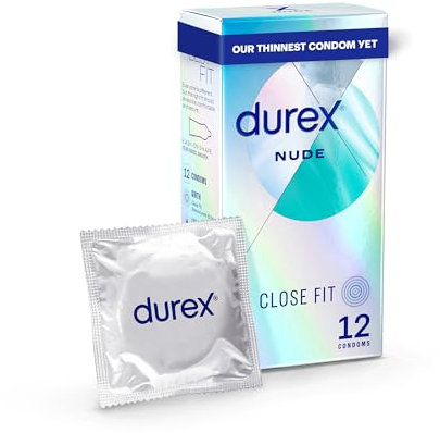 Durex Nude, Ultra Thin, 12 Condoms, Close Fit, with Silicone Lube, Easy on Shape, Teat Ended, Our Thinnest Latex Condom Yet, Transparent Natural Latex Condoms, Trusted Durex Protection