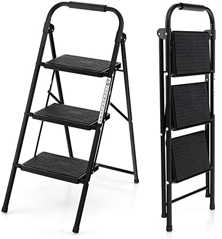 GOPLUS - Escalera plegable de 3 pasos para adultos, ligera, con pedal grande, antideslizante, mango cómodo, escalera portátil para hogar y oficina, color negro