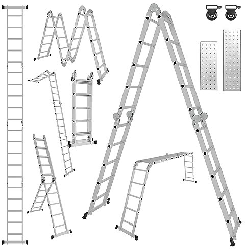 Yakimz Échelle multifonction en aluminium - 4 x 5 marches - 582 cm - Avec 2 plaques d'échafaudage et 2 roues - Échelle de travail domestique - 20 marches - Charge maximale : 150 kg