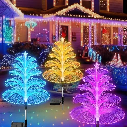 YUNSYE Lot de 3 décorations de Noël solaires étanches pour sapin de Noël, méduses - 5 couches de fibre optique - 7 couleurs changeantes pour allée, pelouse, terrasse, extérieur