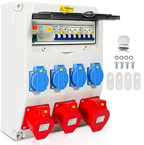 Daromigo Coffret Électrique de Chantier, 4x230V+2x16A CEE+1x32A 400V CEE, 5 pôles distributeur de courant de chantier, Distribution de courant avec disjoncteur, pour intérieur extérieur