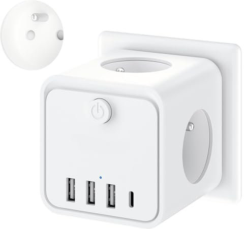 7 en 1 Multiprise Murale, Multiprise avec 3 Prises Française, Prise Multiple Secteur avec 1 Type C et 3 Ports USB, Adaptateur USB Multiprise Cube pour Domicile, Bureau.