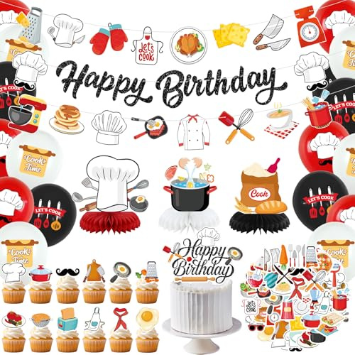 Decoraciones de fiesta de chef, decoración de cumpleaños de cocinero, incluye pancartas de feliz cumpleaños, adornos para pasteles, centros de mesa de panal, calcomanías y globos para cocinar,