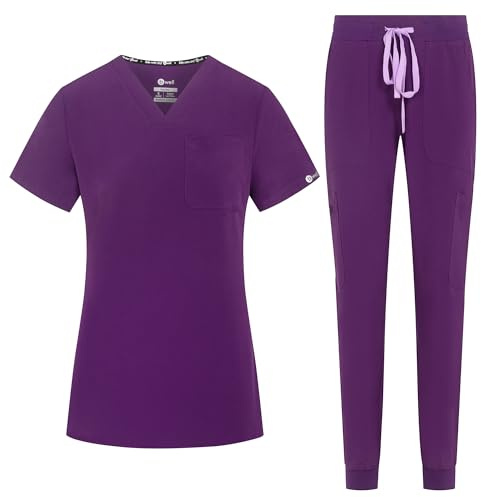 B-well NAOMI Divisa Sanitaria Donna Elastica | Uniforme Sanitaria Donna | Set con Casacca e Pantaloni Stile Jogger| Divise Sanitarie | con Spandex melanzana, L