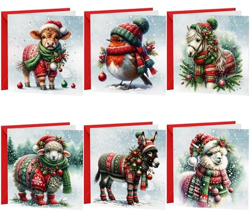 Christmas Cards Multipack 30 Pack Xmas Cards Multi pack | 6 Cute Christmas Animals Donkey Sheep Highland Cow Horse Festive Seasons Greetings For Friends & Family