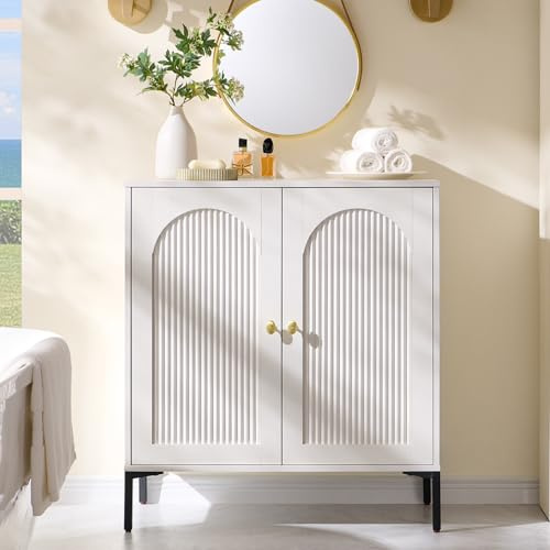 IFGET Bathroom Storage Cabinet with Doors, 34 Tall Fluted Arched Free Standing Floor Cabinet w/Adjustable Shelves, Modern Sideboard Cabinet for Bathroom, Kitchen, Living Room, Entryway, White