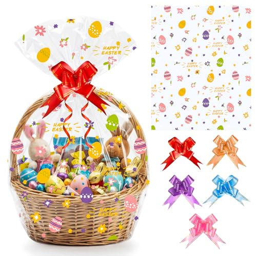 SelfTek Papel de regalo transparente de Pascua grande, 70 x 100, 58 x 85, 40 x 60, 76 x 61 cm, bolsas de regalo transparentes con lazos para cestas de regalo, flores, bodas (20 unidades, 76 x 61 cm)