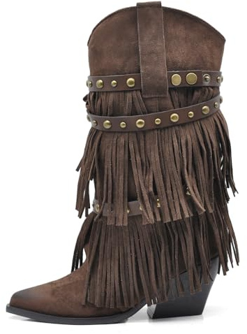 IF Stivali Texani da Donna Western Cowboy Cowgirl in Camoscio Sintetico con Borchie e Frange Rimovibili a 3 Strati Tacco Medio Stile Camperos GA053 Marrone N.38