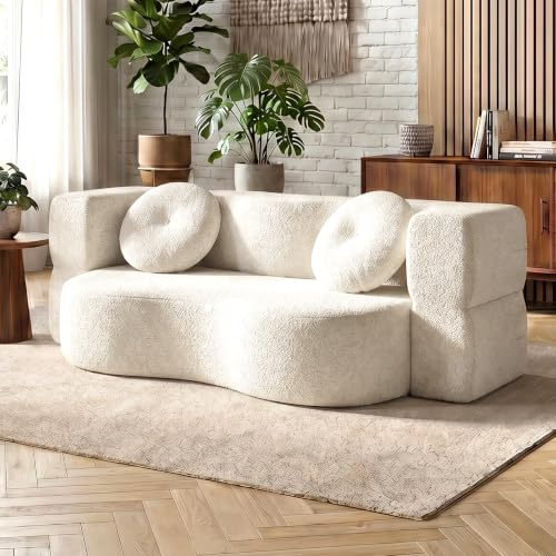 Devoko Canapé Lit Pliant 170 cm, Canapé Compressé sans Montage, Petit Canapé 2 Places en Chenille avec Coussins Confortables, Canapé Convertible Multifonctionnel Moderne, Beige