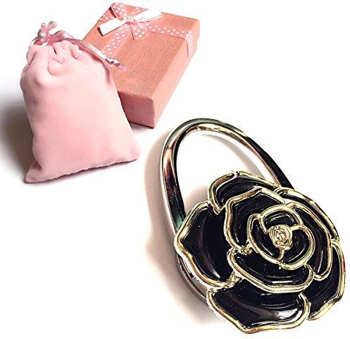 Elesa Miracle Purse Hook **6 Choices** Foldable Handbag Hanger, Folding Table Hanger, with Velvet Pouch in Gift Box (Black Flower)