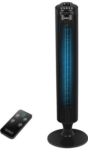 OZAVO Ventilatore a Torre con Telecomando, Display LED e Pulsanti Utenti: 3 Modalità e Velocità, Timer per Soggiorno e Ufficio 84cm di Altezza, Nero