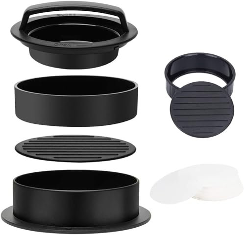 Skoye Pressa per hamburger 3 in 1, con 200 pezzi di carta, per hamburger, per barbecue, antiaderente