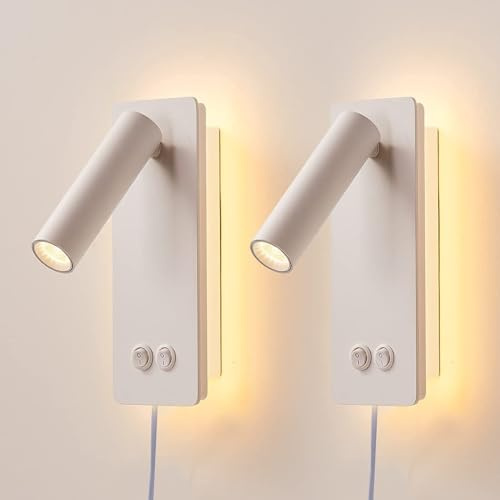MOLUOLA LIGHTING Bedside Reading Lamp Wall Mounted, LED Wall Reading Lights for Bed, Plug in Wall Sconce Set of 2, Bed Reading Light 3W 3000K Book Light with 9W Ambient Lighting