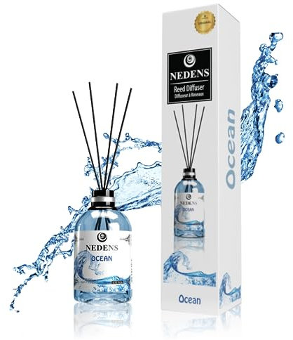 NEDENS Difusor Mikado con Varillas de Bambú 110 ml – Ambientador para Hogar y Oficina, Fragancia Marina Océano, Botella de Vidrio + 4 palitos, Aroma Continuo, Decorativo y de Larga Duración