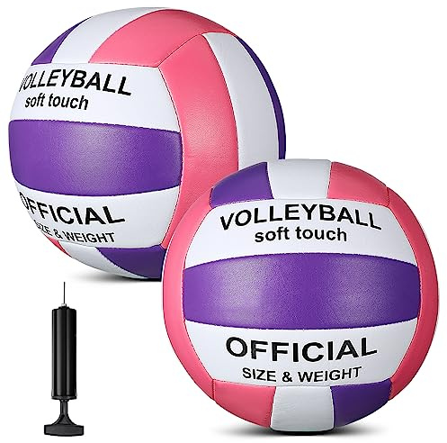 Lenwen 2 Pack Beach Volleyball Official Size 5 for Indoor Outdoor, Waterproof Soft Volleyball with Pump for Adult Beginner Beach Game Gym(Purple, Pink, White)