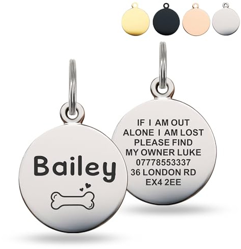 Deep Engraved Dog Tags for Pets UK Prime, Personalised Cat Dog Name ID Tags, Stainless Steel Pet Tag for Doggy Kitten Kitty Puppy, Scratch Resistant Tag (Silver Round, L)