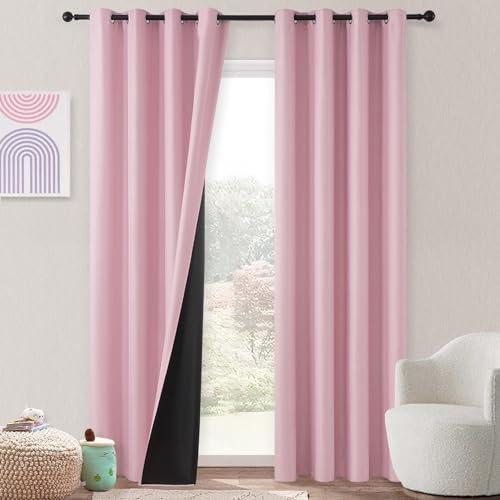MRTREES Rideau Occultant Rose Thermique Anti Froid avec Doublure Noir Rideaux Opauqe Isolation Phonique à Oeillets pour Porte Fenetre Salon Moderne Balcon, 140x225CM, 2 Pièces