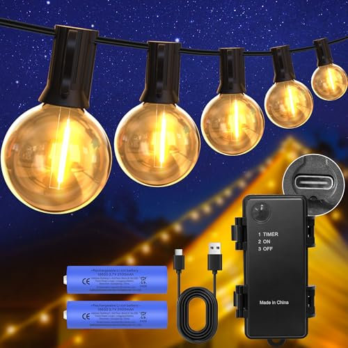 DSLebeen Battery Festoon Lights Outdoor: Rechargeable 5000mAh Battery Operated G40 LED String Lights - Waterproof 39FT 12M Decorative Bulb Lighting with Timer, Portable for Garden, Gazebo, Camping