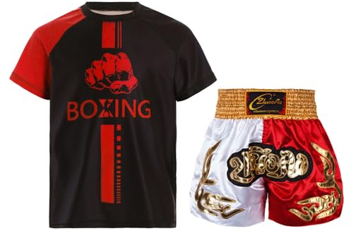 Oyolan Barn pojke boxning shorts och T-shirt boxningsset kampboxningsset Muay Thai MMA sparkar boxning outfit, Gul och vit och röd, 11-12 år