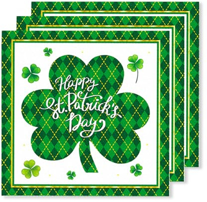 ParPix 20 stycken servetter klöverblad, 33 x 33 cm lyckoklöver servetter, St Patrick's Day dekorationsservetter, klöverblad nyårsafton bordsdekoration, klöverblad dekorativa pappersservetter,