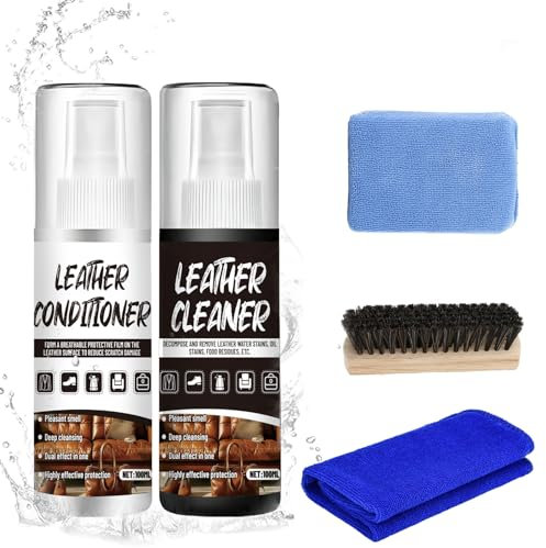 Allony 100ml Pulizia Pelle Auto+100ml Trattamento Pelle Auto, Pulitore Pelle Auto, Pulitore Interni Auto con Pennello, Spugna e Asciugamano, Adatto Pelle Artificiale, Divani in Pelle, Stivali in Pelle