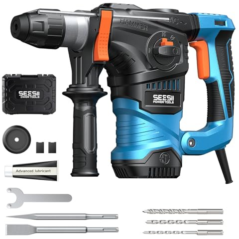 Seesii Heavy Duty Rotary Hammer: 13 Amp 1-1/4 SDS-Plus Demolition Hammer Drill for Concrete, Brick & Stone, 6J Power with 4 Functions, Safety Clutch & Anti-Vibration, Drill Bits and Chisels Included