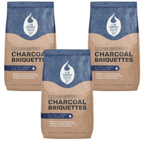 Green Olive Firewood Company - 3 x 4kg bags (12kg) Long Burn BBQ Charcoal Briquettes - Use for Charcoal Barbecues and meat smokers - Natural and Sustainable - Quick Lighting and Long Burn Time