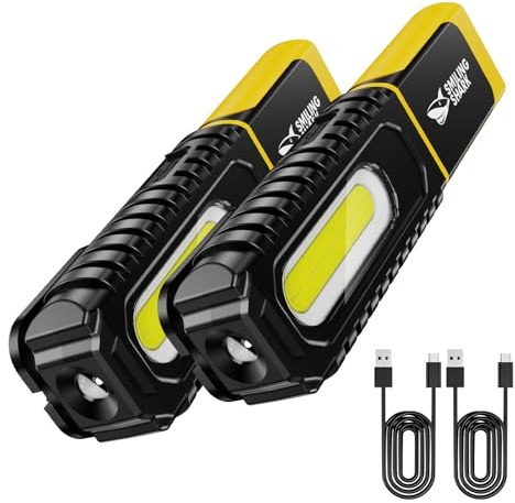 Smiling Shark Linterna de Trabajo, LED Lámparas de Inspección 1200mAh Recargable con Gancho y Clip 5 Modos de Luz Portátil Luz de Trabajo Magnética para Reparación Garajes Taller (Paquete de 2)