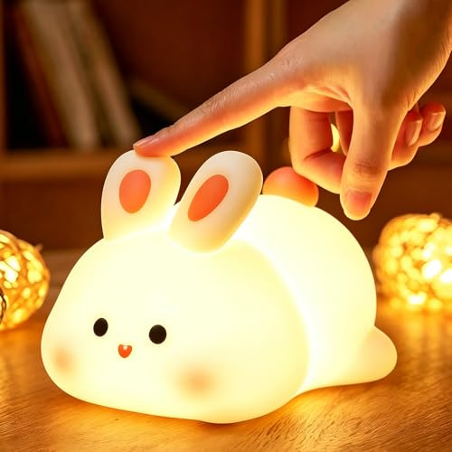 GOODEA Baby Night Light, Ultra-Soft Silicone Bunny Lamp with Tap Control | 1200mAh Rechargeable Dimmable & 30 Mins Timer Kids Night Light, Newborn Nursery Bedside Decor Birthday Gifts for Girls Boys