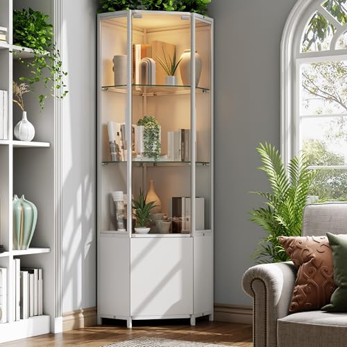 Gyfimoie Corner Display Cabinet, 165cm Display Case with Glass Doors, Curio Cabinets with LED light, Bookcase for Collectibles, Books, Tall Display Cabinet for Living Room, White