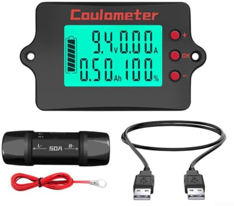 Litiumjärnfosfat coulomräknare 8–120 V med 4-i-1 STN-display för realtidsövervakning av spänning, ström och kapacitet, (50 A)