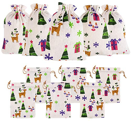 LOKIPA 12pcs Christmas Jute Burlap Gift Bags with Drawstring, 10 x 14cm Jute Burlap Sack Pouch