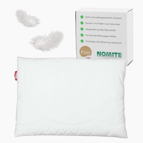 Oreiller en plumes de canard 80x80 cm - Fabriqué en Allemagne - Certifié NoMite & Downpass - Composé de 15% duvet de canard et 85% de plumes de canard, couverture en coton biologique certifié GOTS