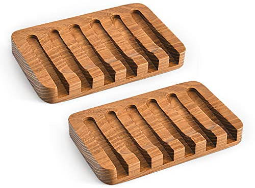 SUBEKYU Wooden Soap Dishes for Bathroom/Shower, Bar Soap Holder with Self Draining Tray, Natural Waterfall Drain Soap Saver, Teak (2P)