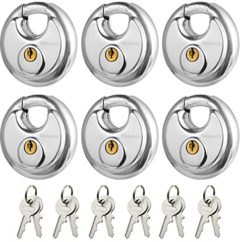Travate Keyed Alike Disc Padlock, 6PCS Stainless Steel Discus Lock with 2-3/4 in. Wide, 3/8 in. Diameter Shackle, Waterproof Discus Lock for Storage Unit, Sheds, Garages and Fence