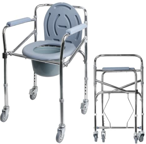 Bedside Commode Chair with Wheels, Heavy Duty Steel Frame Portable Toilets for Elderly with Adjustable Height, Bedside Commodes for Seniors, Portable Commode for Elderly