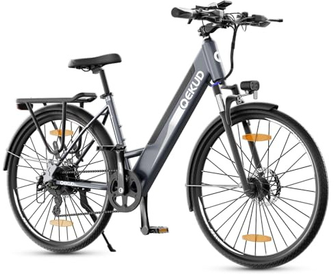 Qekud 26M208 Elcykel 26 Tums Stadscykel, 36 V/12 Ah Batteri, 250 W Motor, Räckvidd 100 km Till 25 km/h, Med App, Grå