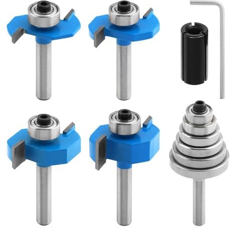 4Pcs Rabbet Router Bit,1/4 Inch Shank Rabbet Router Bits with 6 Bearings Set(1/16,1/8,3/16,1/4,5/16,3/8 Bearings) for Wood Grooving,Interchangeable Bearings with 1/2 to 1/4 Router Collet