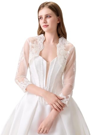 Women's Wedding Top Lace Jacket for Bride Lace Bolero Jacket Long Sleeve Ivory S