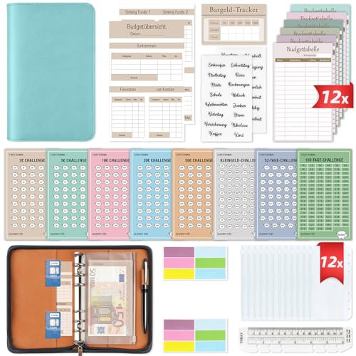 Upgrade Budget Planner Deutsch mit Reißverschluss - Bugetplaner Deutsch Startset mit 8 Sparchallenges - Finanzplaner Haushaltsbuch - Geld Organizer Sparbuch - Cash Stuffing - Budget Binder A6