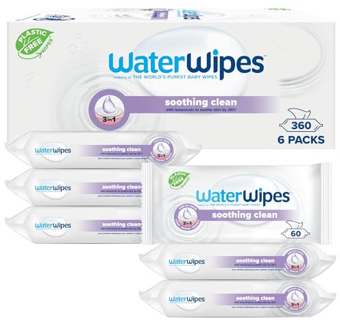 WaterWipes Sensitive+ Soothing Wipes, 360 Count (6 Packs), 3-In-1 Cleans, Cares, Soothes, 99% Water with Botanical Extract, Unscented Baby Wipes