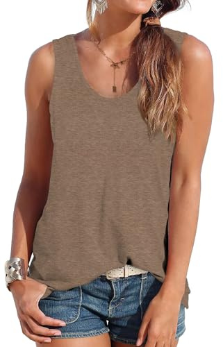 DUOEASE Elegant Camisetas de Tirantes Mujer Cuello Crew Moda Camiseta Sin Mangas Clásico Verano Tshirt Marrón-XL