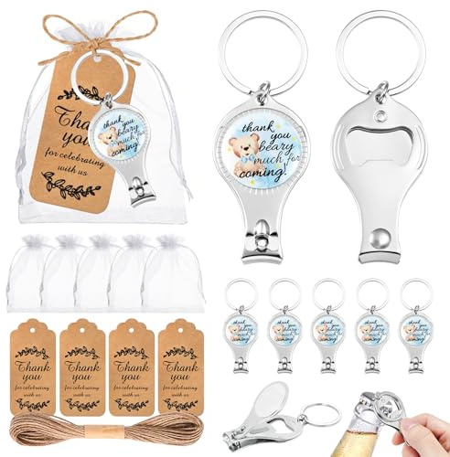 50 Set Baby Shower Bottle Openers Party Favors for Guests, Nail Clipper Bottle Opener Keychain Return Gift and Souvenirs with Organza Bags Thank You Cards for Gender Revel Decoration Supplies