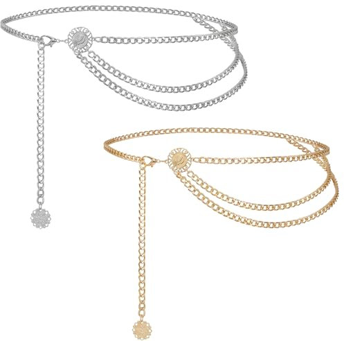 2er Set Verstellbare Taillenkette für Damen - Silber & Gold, 90cm Metall Gürtel für Piratenkostüm & Mode Accessoires